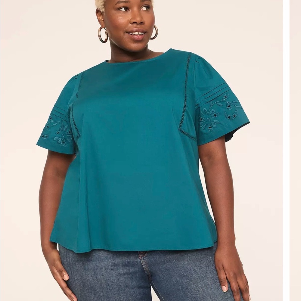 Lane Bryant Teal Embroidered Sleeve Pullover Top